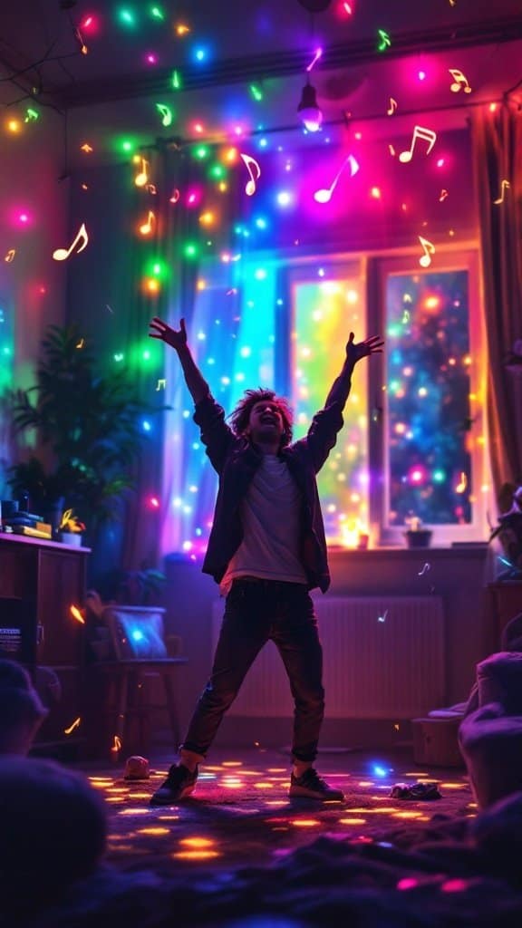 A child joyfully dancing in a colorful, music-filled room.