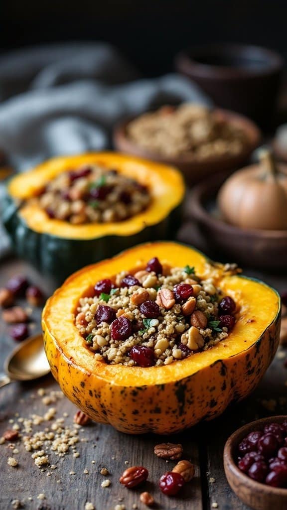 A vibrant acorn squash stuffed with quinoa, nuts, and cranberries
