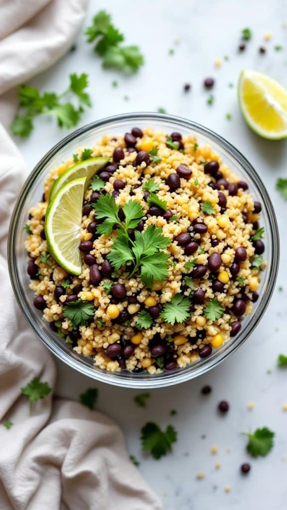 A bowl of quinoa and black bean salad garnished with lime and cilantro.