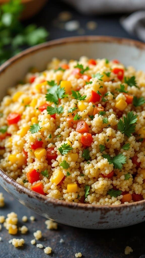 A bowl of quinoa salad with colorful vegetables and herbs