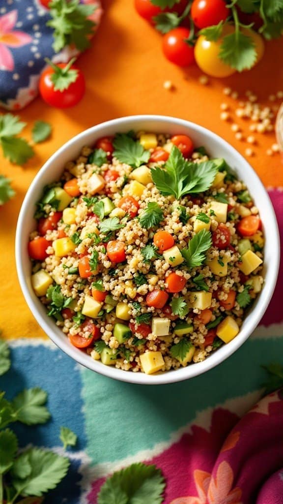 A colorful quinoa salad with cherry tomatoes, cucumbers, and cilantro in a bowl.