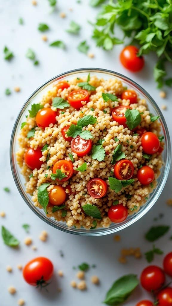 A bowl of quinoa salad with cherry tomatoes and fresh herbs.