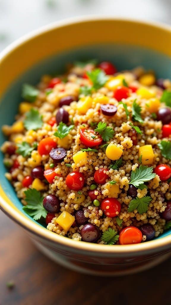 A colorful quinoa salad with tomatoes, mango, black beans, and cilantro in a bowl.