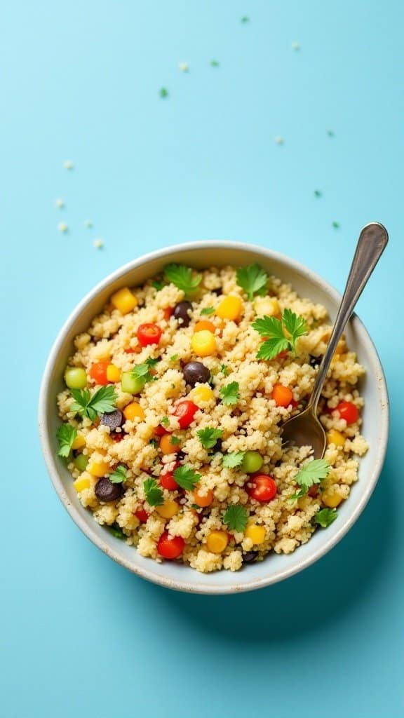 A bowl of colorful quinoa salad with vegetables and a spoon.
