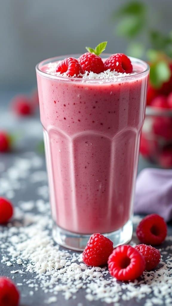 A refreshing raspberry and coconut smoothie in a glass, topped with fresh raspberries and shredded coconut.