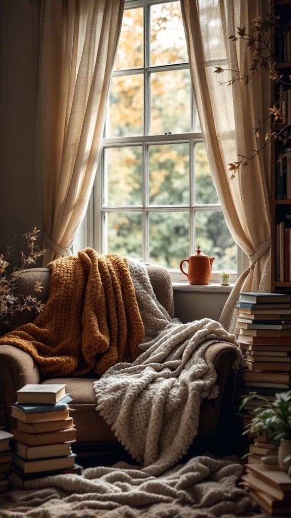 A cozy reading nook with a chair, blankets, and books stacked around it, illuminated by natural light from a window.