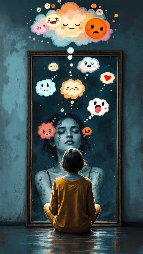 A child sitting in front of a mirror with colorful clouds representing different emotions above their head.