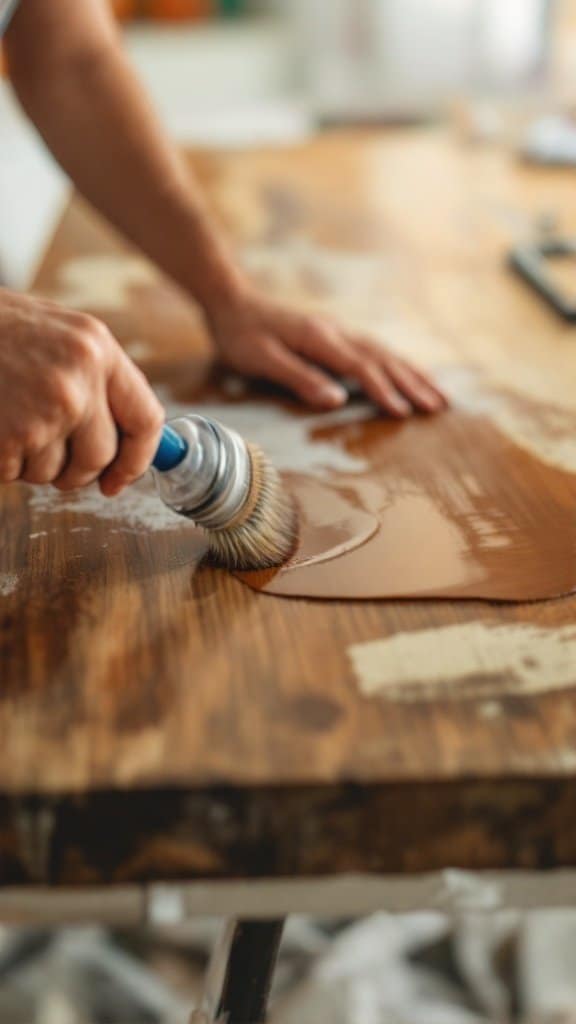 A person refinishing wood furniture with a brush on a tabletop.