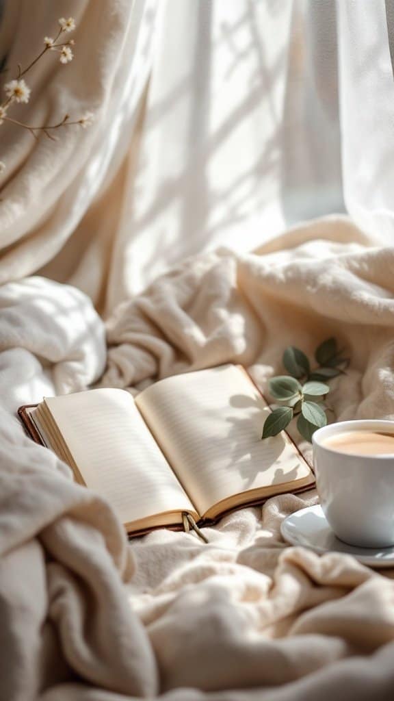 A cozy setting with an open notebook and a cup of coffee, symbolizing reflection and mindfulness.