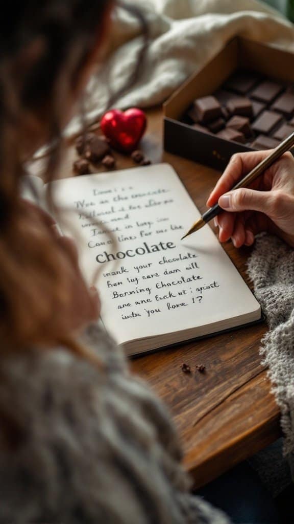 A person writing in a notebook about chocolate, with a heart decoration and a box of chocolates nearby.