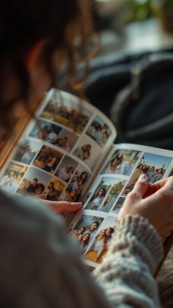 A person looking through a photo album filled with pictures of friends.