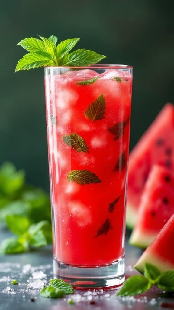 A tall glass of watermelon mint cooler with ice and mint leaves, surrounded by watermelon slices.