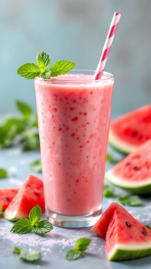A refreshing watermelon mint smoothie in a glass, garnished with mint and surrounded by slices of watermelon.