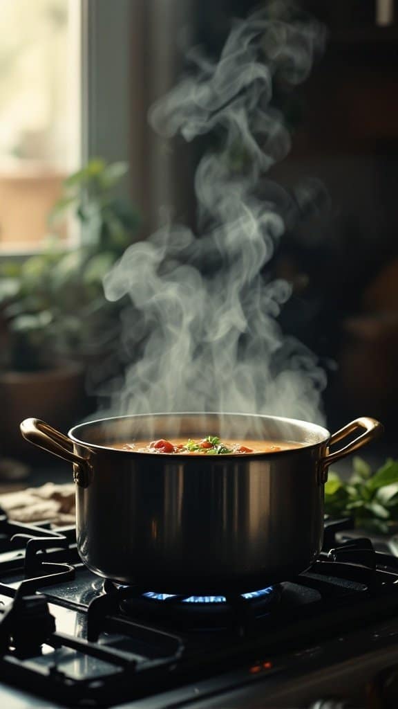 A pot of steaming cabbage soup on a stove, surrounded by greenery and a cozy atmosphere.