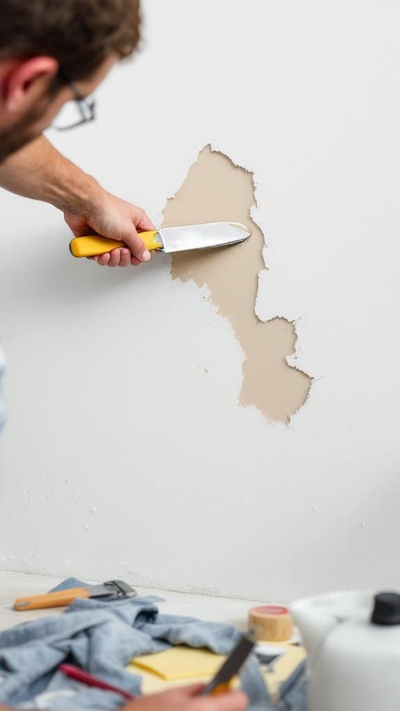 A person using a putty knife to repair a hole in drywall.
