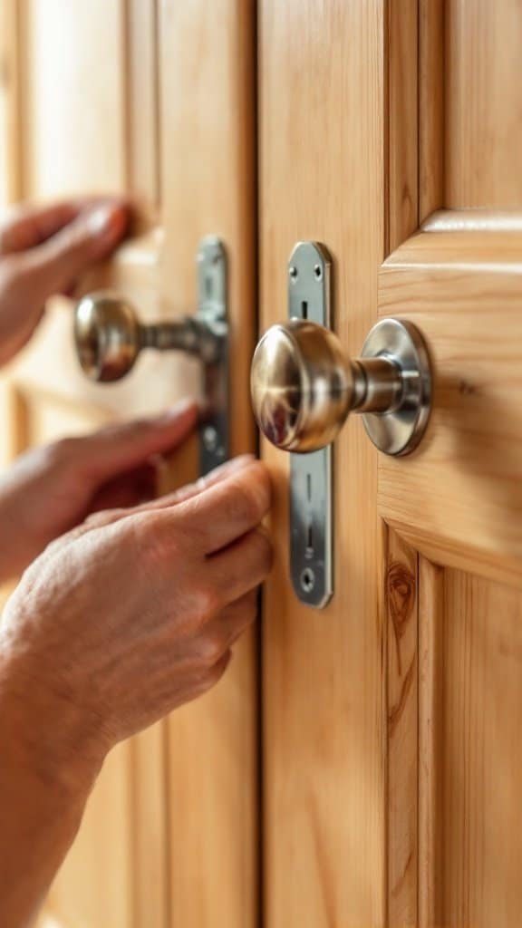 Person replacing door hardware on wooden doors