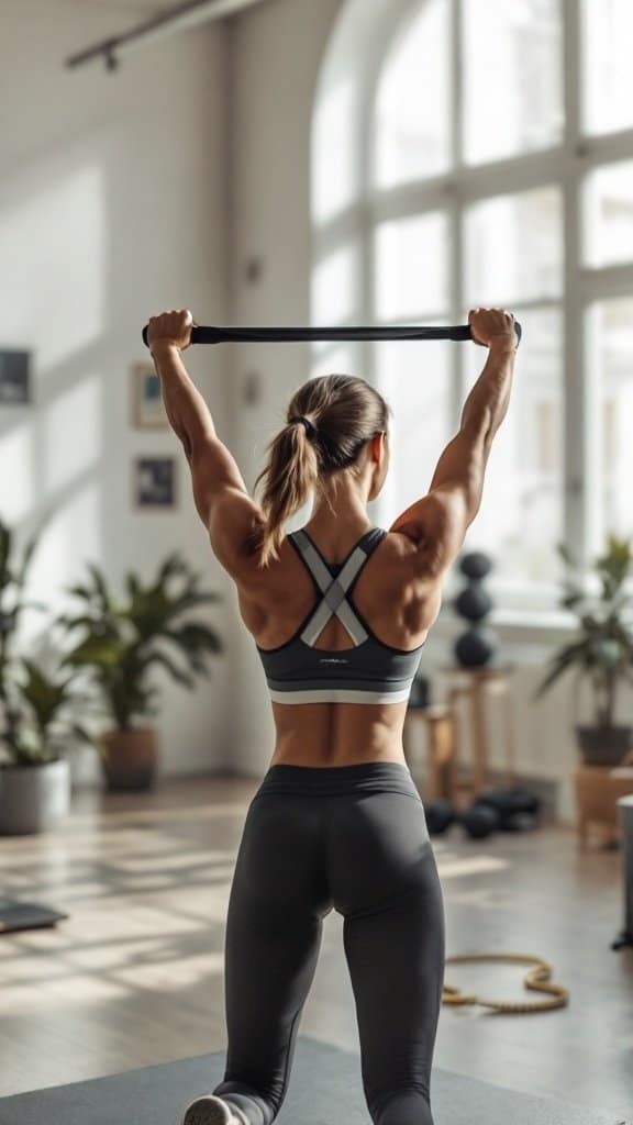 A person performing an overhead stretch with a resistance band in a bright workout space.