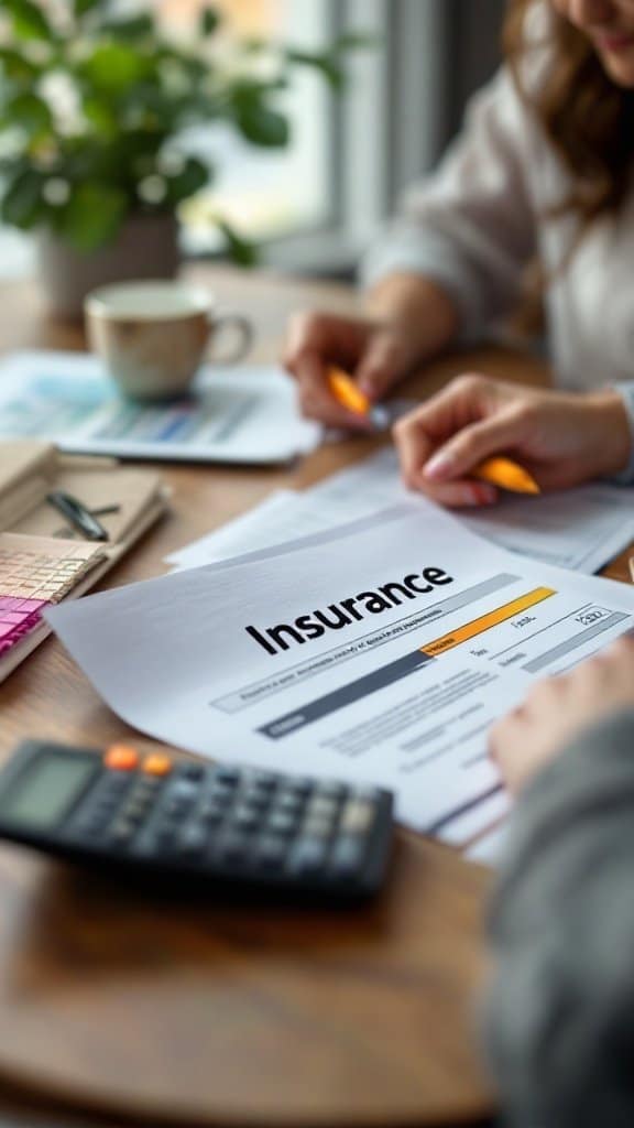 A person reviewing insurance documents at a table with a calculator and a cup of coffee
