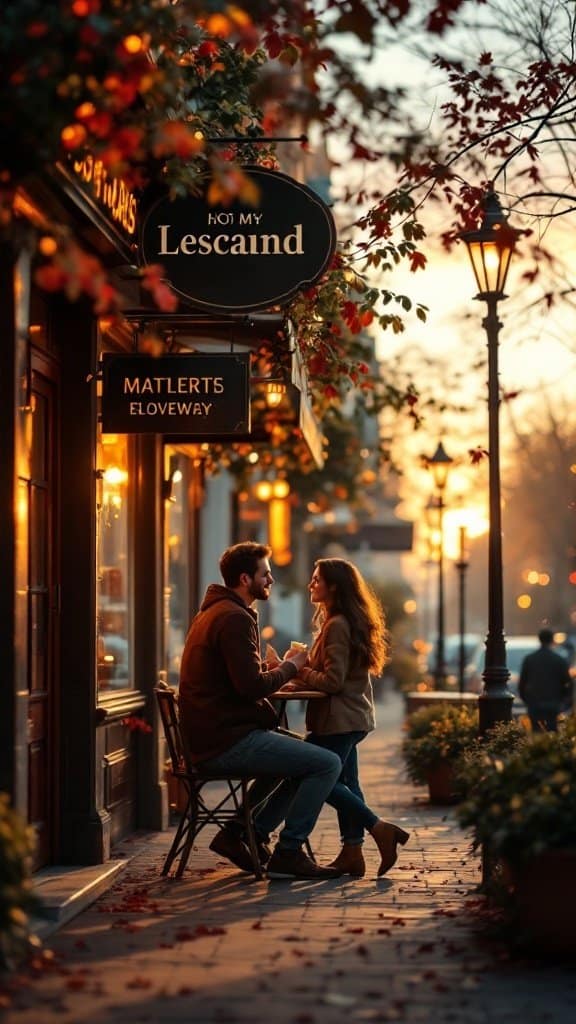 A couple enjoying a warm drink together at a cozy café during sunset.