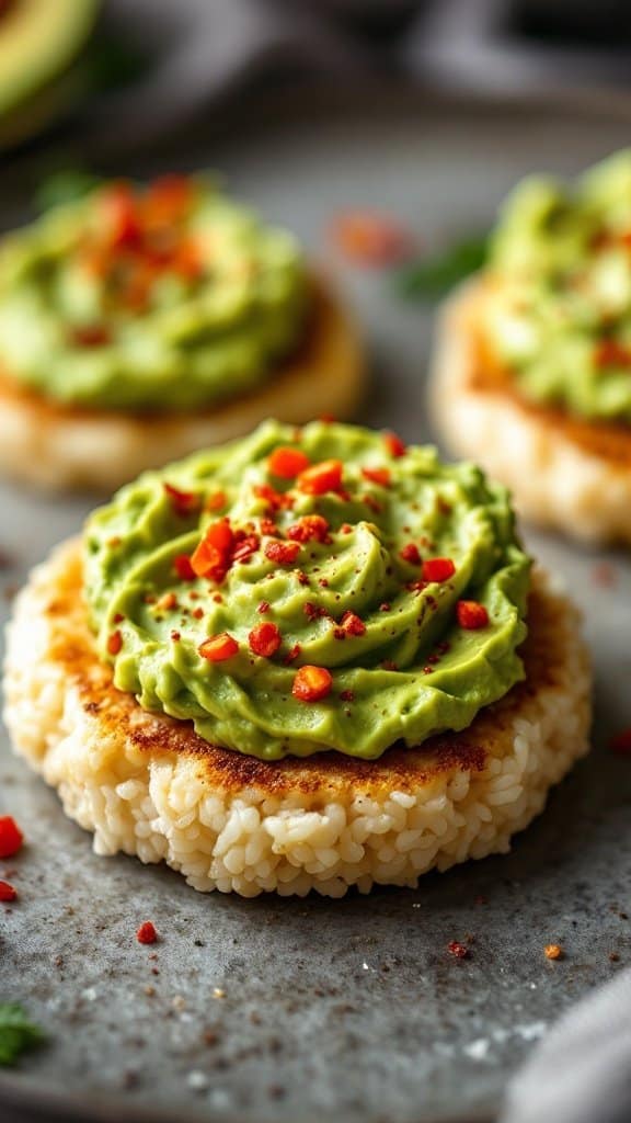 Rice cakes topped with creamy avocado and red pepper flakes