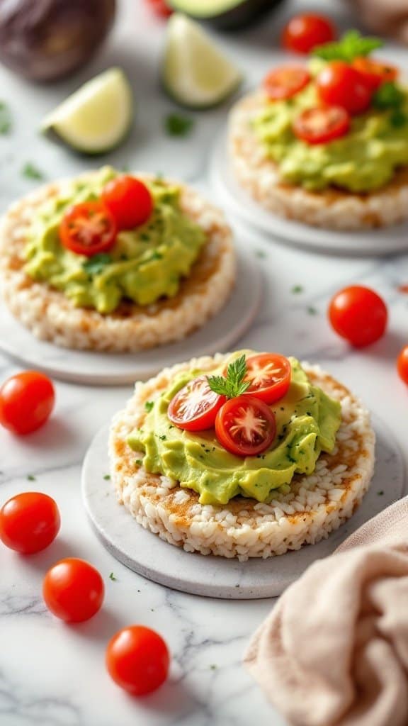 Rice cakes topped with avocado and cherry tomatoes, arranged on a marble surface with lime wedges and cherry tomatoes around.