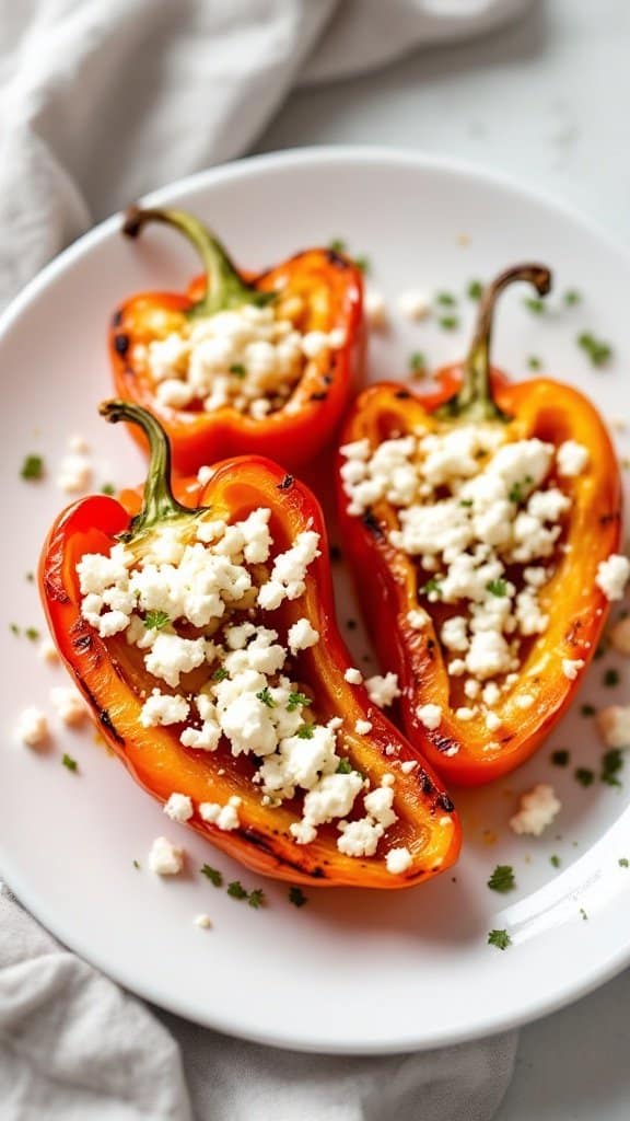 Plate of roasted bell peppers stuffed with feta cheese, garnished with herbs.
