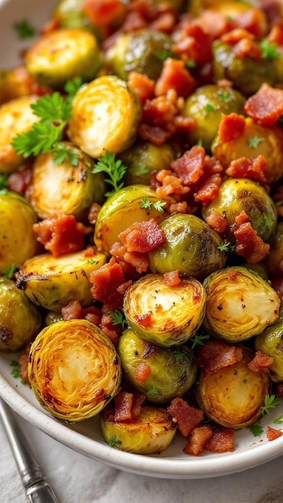 A bowl of roasted Brussels sprouts mixed with crispy bacon and garnished with fresh parsley.
