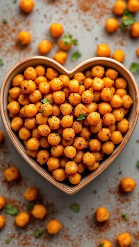 A heart-shaped bowl filled with roasted chickpeas sprinkled with spices, surrounded by scattered chickpeas.