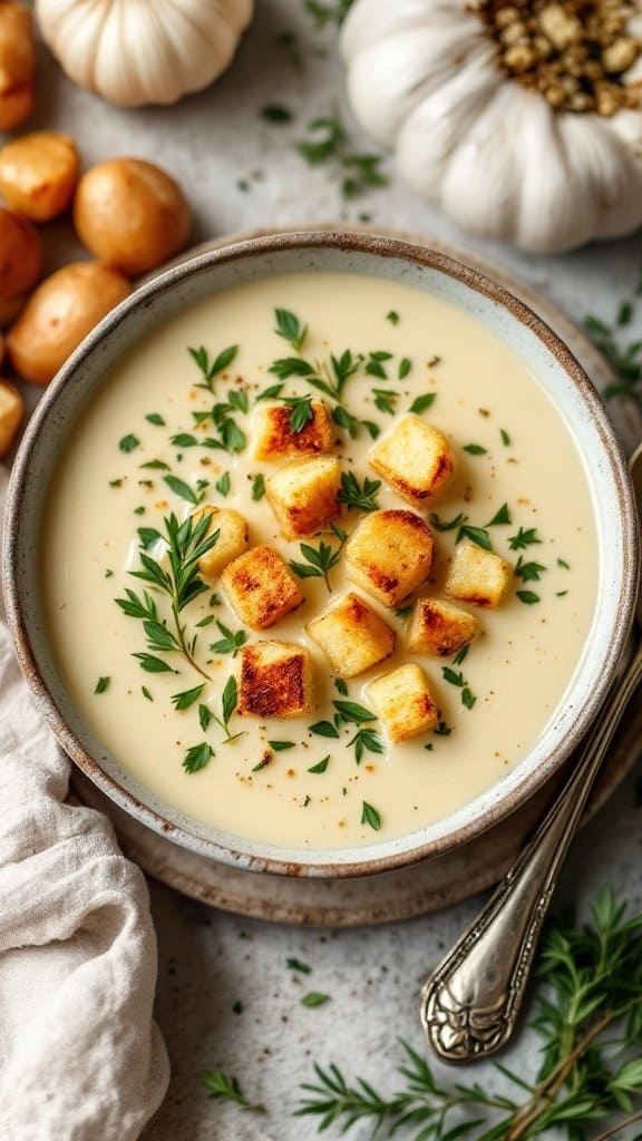 A bowl of creamy roasted garlic and potato soup garnished with croutons and herbs, surrounded by garlic cloves and potatoes.