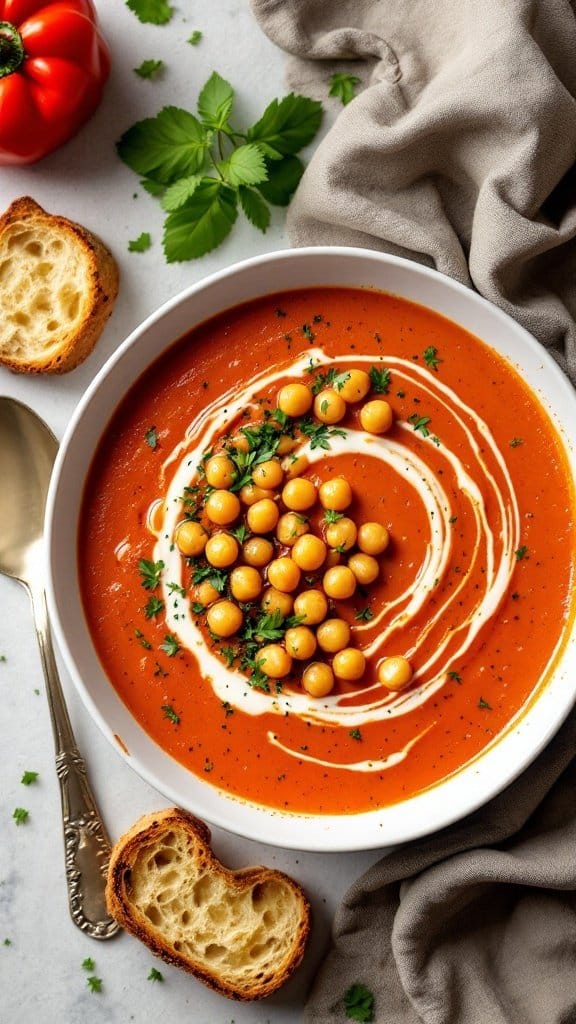 A bowl of roasted red pepper and chickpea soup garnished with chickpeas, herbs, and cream, alongside slices of crusty bread.