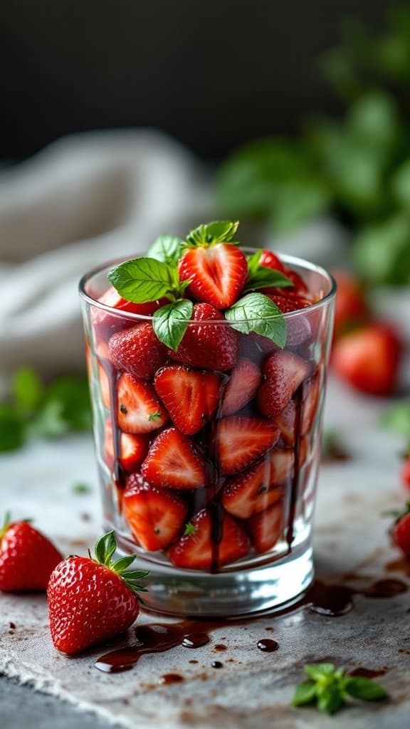 A glass filled with roasted strawberries topped with chocolate sauce and fresh basil leaves