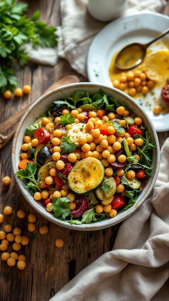A bowl of colorful roasted vegetable and chickpea salad with fresh herbs on a wooden table.