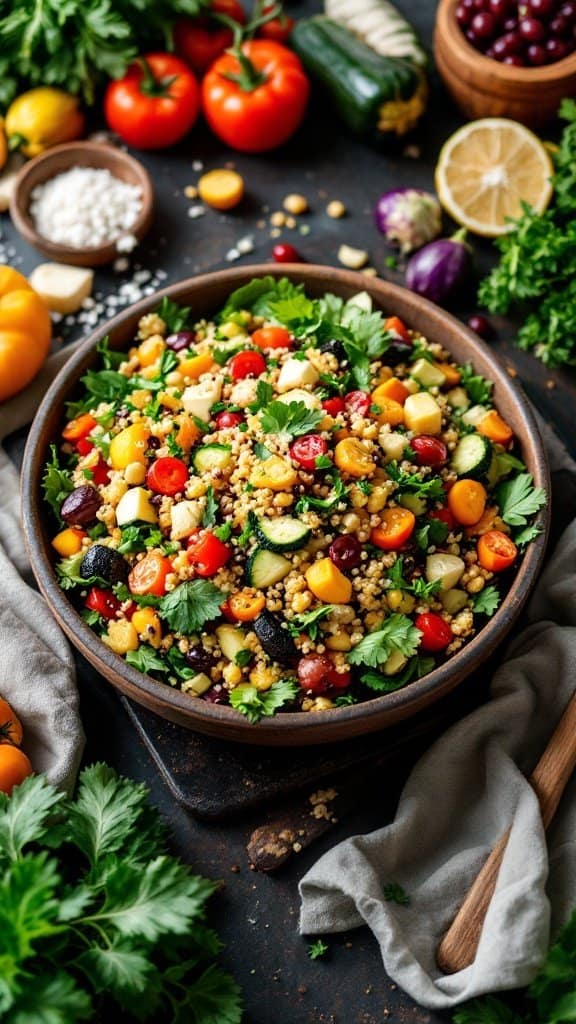 A colorful bowl of roasted vegetable quinoa salad with fresh herbs and ingredients surrounding it.