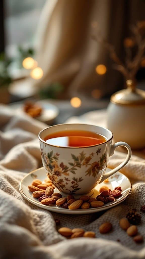 A cozy setting with a cup of rooibos tea surrounded by almonds and dried fruits.