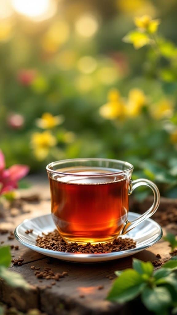A cup of rooibos tea surrounded by flowers and greenery