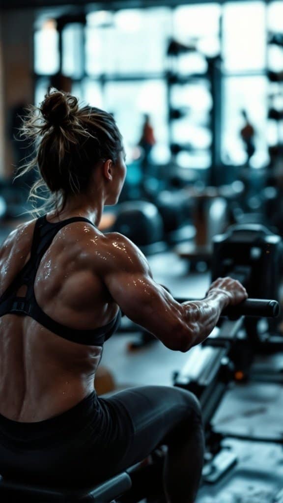 A person using a rowing machine in a gym, focusing on their workout.