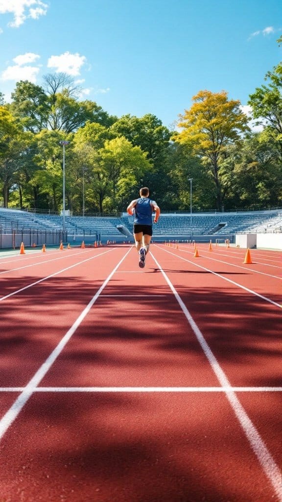 Person running on a red track surrounded by trees, showcasing interval training.
