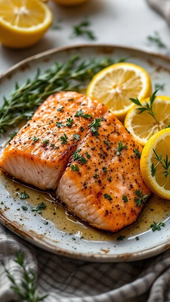 A plate of cooked salmon fillets garnished with herbs and lemon slices