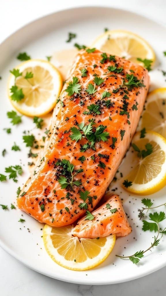 A beautifully cooked salmon fillet garnished with herbs and lemon slices on a white plate.