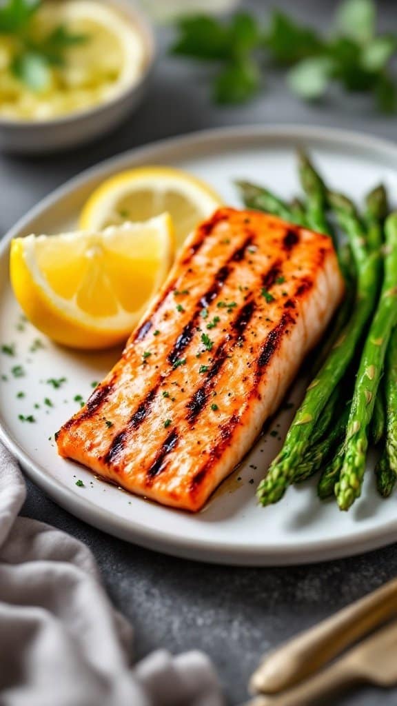 A plate featuring grilled salmon fillet with asparagus and lemon slices