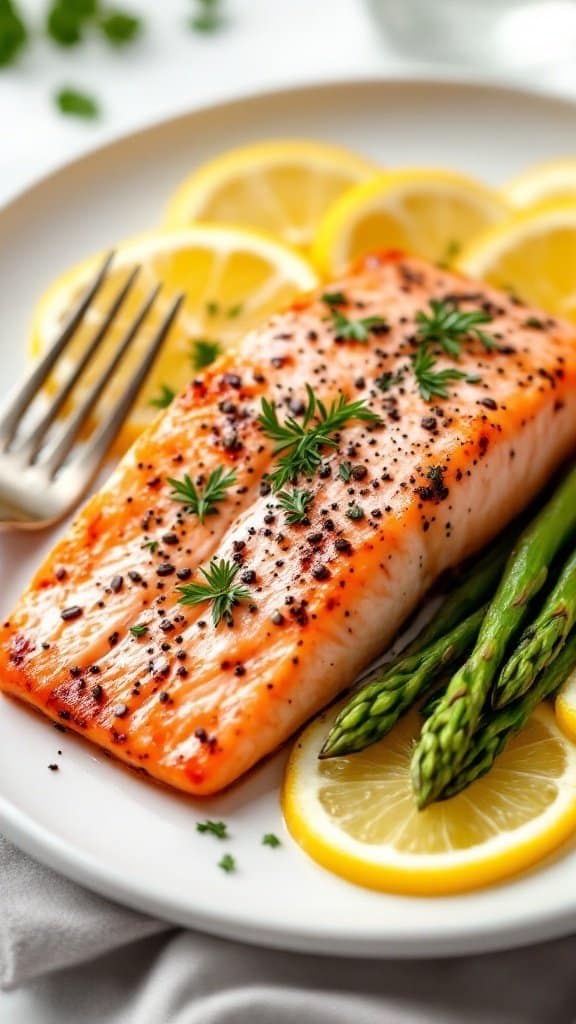 A plate of grilled salmon with lemon slices and asparagus