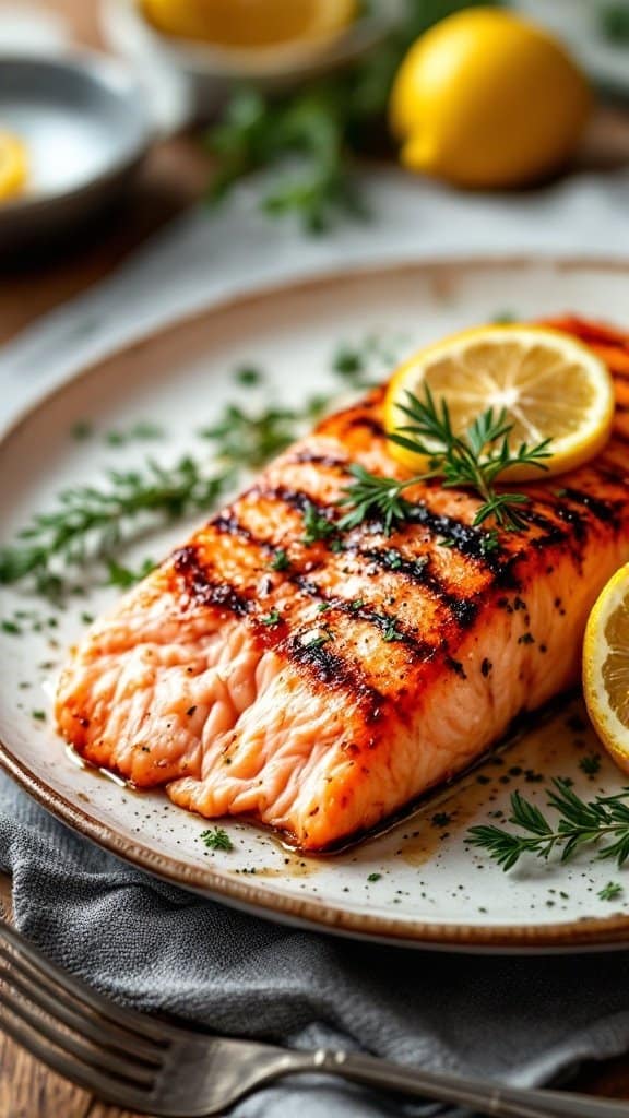 Grilled salmon fillet with lemon slices and herbs on a plate