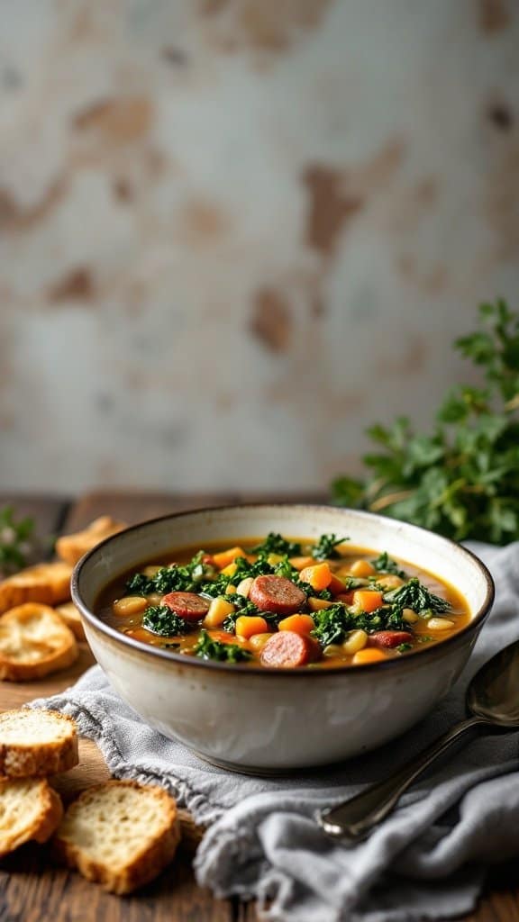 A bowl of sausage and kale soup with pieces of sausage, kale, and vegetables, surrounded by slices of bread.