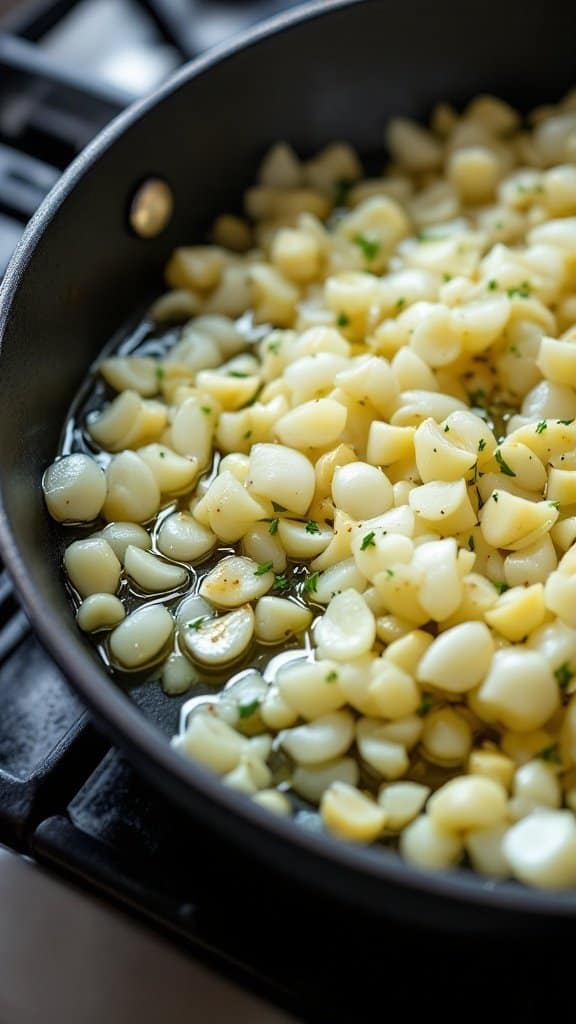 A close-up of diced potatoes sautéing in a pan with herbs and oil, ready to be incorporated into a healthy soup.