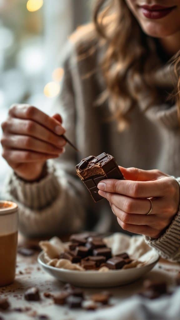 A woman savoring chocolate with a warm drink beside her.