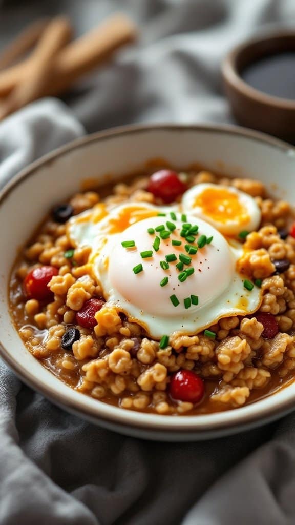 A bowl of savory oatmeal topped with a poached egg, tomatoes, and chives.