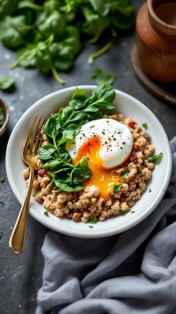 A bowl of savory oatmeal topped with spinach and a poached egg, garnished with herbs.