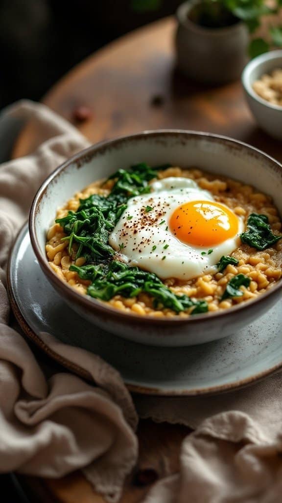A bowl of savory oatmeal topped with spinach and a poached egg