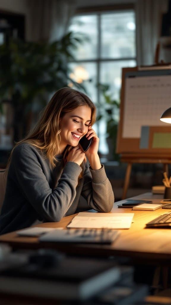 A young woman smiling while talking on the phone in a cozy workspace.