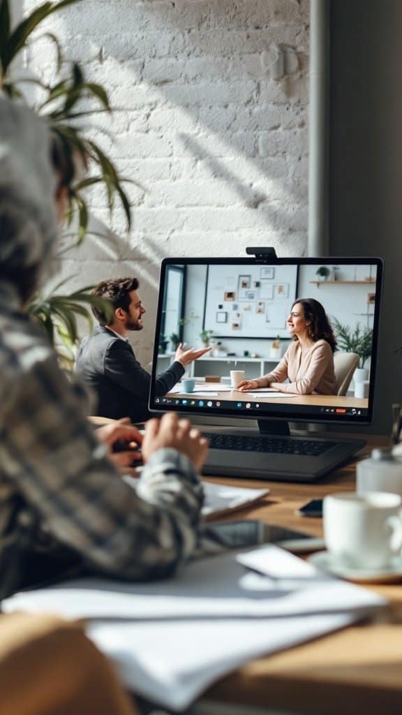 A virtual meeting between two colleagues discussing work matters.